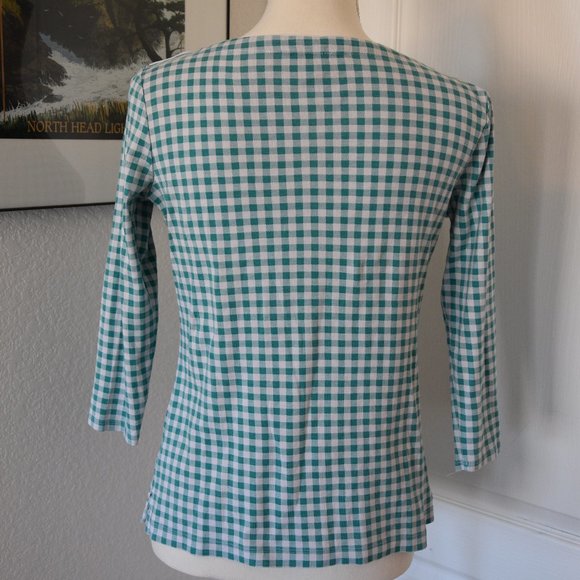 Lands' End Green White Gingham Three-Quarter Sleeve Cotton Top - Picture 5 of 7
